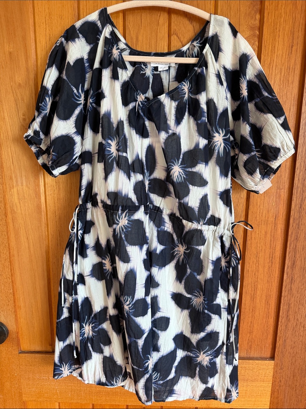 Velvet Floral Short Sleeve Drawstring Waist Dress - Navy & White